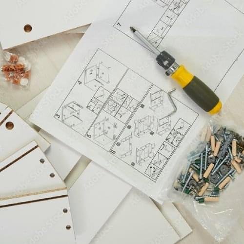 Manual de montagem de moveis com acessorios e pecças de gavetas e chave de fenda